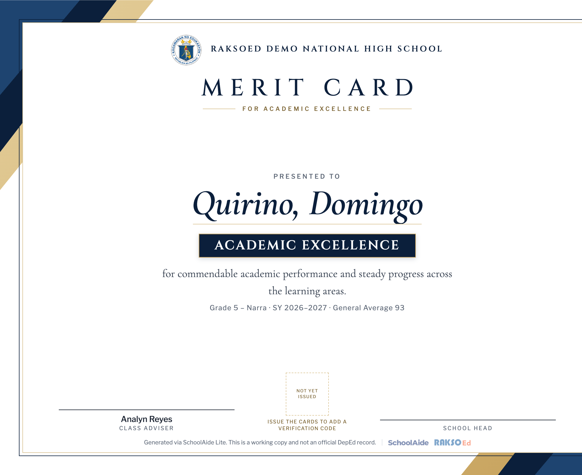 A merit card for academic excellence